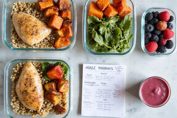 A colorful and healthy meal prep layout with various fresh ingredients and portioned meals in containers
