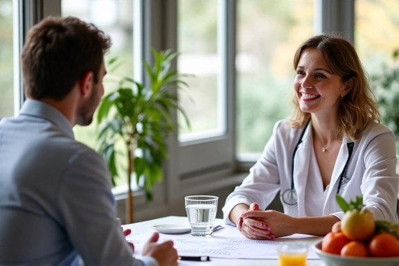 Nutritionist consulting with a client, reviewing health history and dietary habits