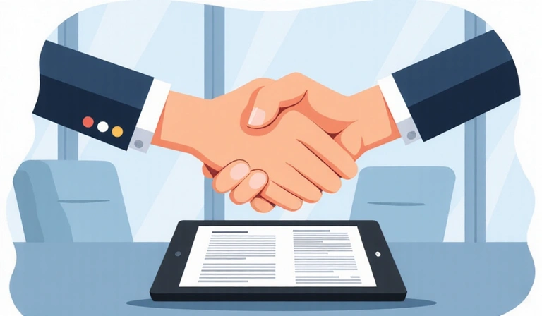 Illustration of two people shaking hands over a legal document, signifying agreement and partnership